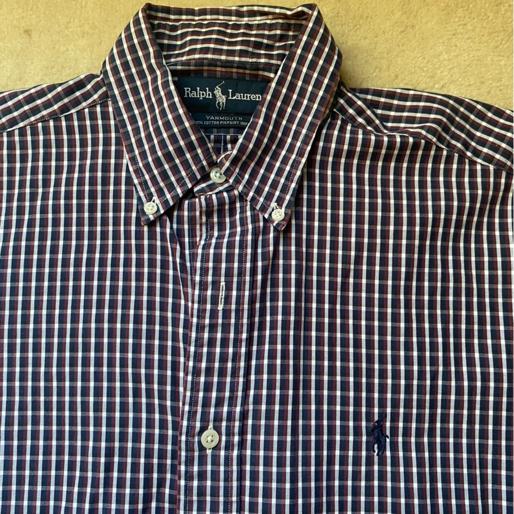 Ralph Lauren Yarmouth Button Down Shirt Mens 15.5 32/33 Navy Blue Pony Burgundy